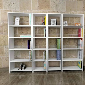 white bookshelf,long bookcase,five shelves,modern bookcase,modern bookshelves,wood bookshelf,living room furniture