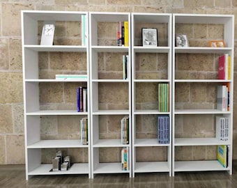 Estantería blanca moderna: mueble de salón largo de cinco estantes