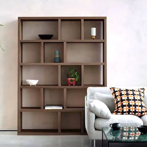 Bibliothèque haute de sol | Bibliothèque au fini noyer | Meuble de rangement ouvert moderne pour le salon ou le bureau