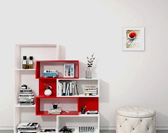modern handmade bookshelves,low geometric bookcase,living room furniture,small and shallow bookshelf,asymmetrical bookshelf