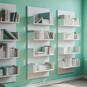 Puede incluir: Estanter&iacute;as blancas montadas en la pared con m&uacute;ltiples estantes, cada uno con una colecci&oacute;n de libros. Algunos estantes tambi&eacute;n exhiben peque&ntilde;as plantas en macetas. Las estanter&iacute;as est&aacute;n contra una pared verde claro, creando un aspecto moderno y organizado.