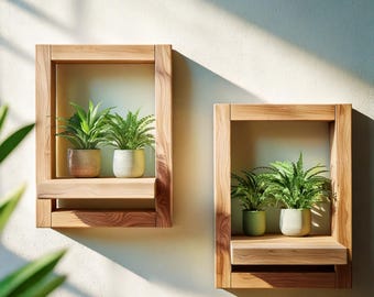 Rustic Wooden Plant Shelves: Wall-Mounted Floating Shelf Set