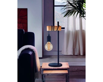 Table lamp, wood table,lampwood metal lamp Watt E27, made of metal and wood in black / brown shade, with dimensions (LxWxH): 17.5x15.5x50 cm