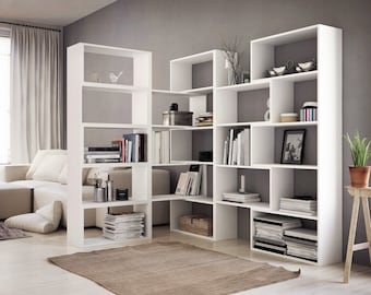 Librería divisoria geométrica: estantería abierta moderna, partición modular