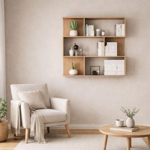 Wooden wall-mounted bookshelf styled in a modern minimal living room with neutral colors and Scandinavian decor.