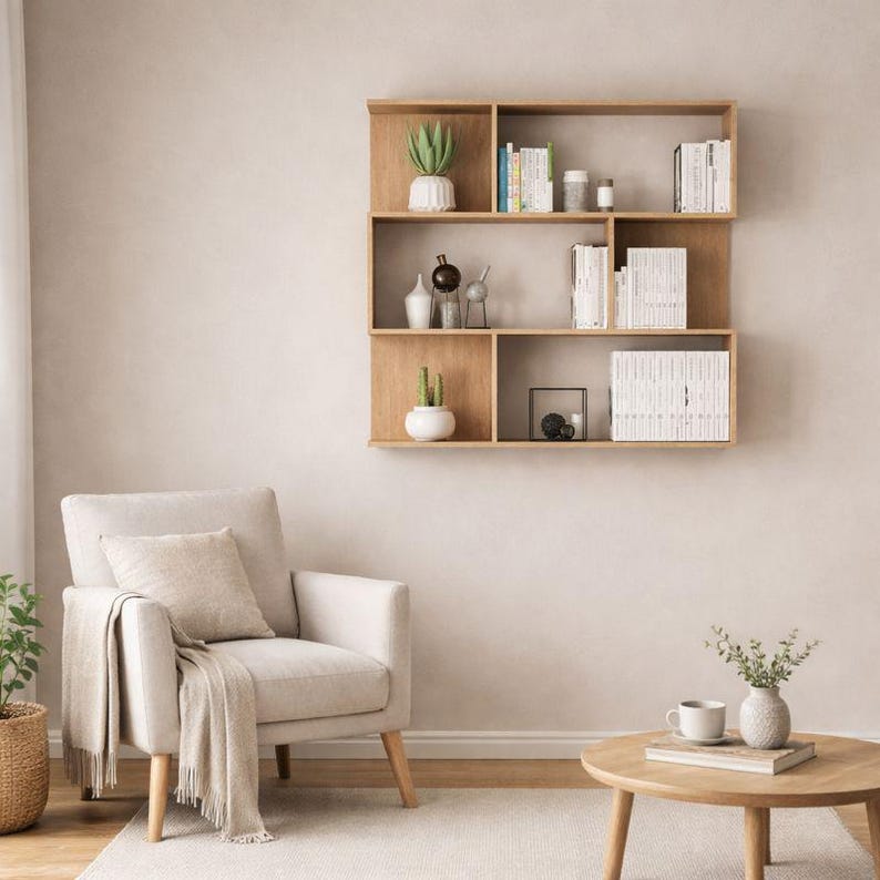 Wooden wall-mounted bookshelf styled in a modern minimal living room with neutral colors and Scandinavian decor.