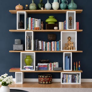 Modern Geometric Bookshelf, Modular Wall Bookcase, Open Cube Shelving, Living Room Storage