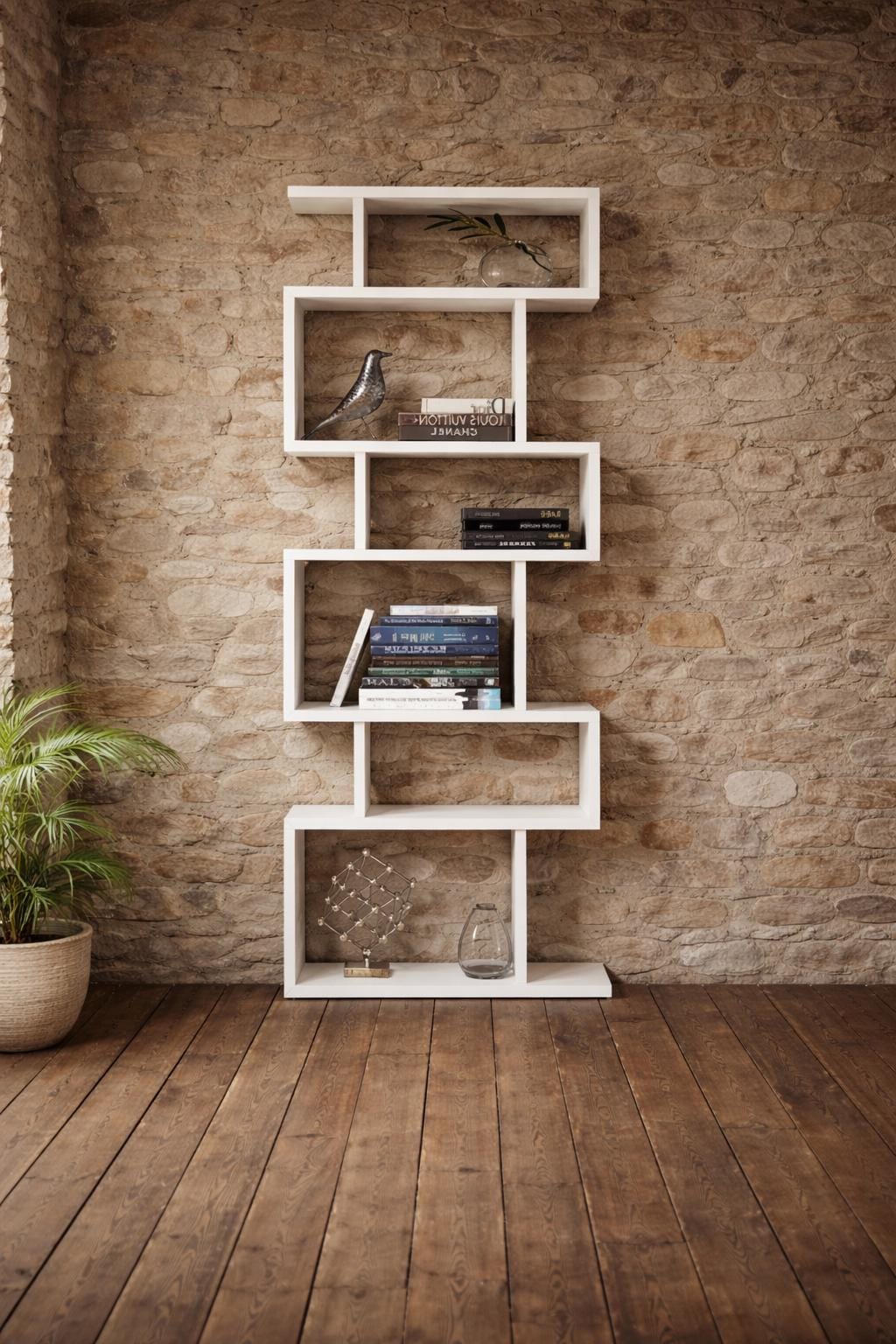 Bibliothèque Asymétrique Blanche Moderne Étagère Géométrique Faite Main