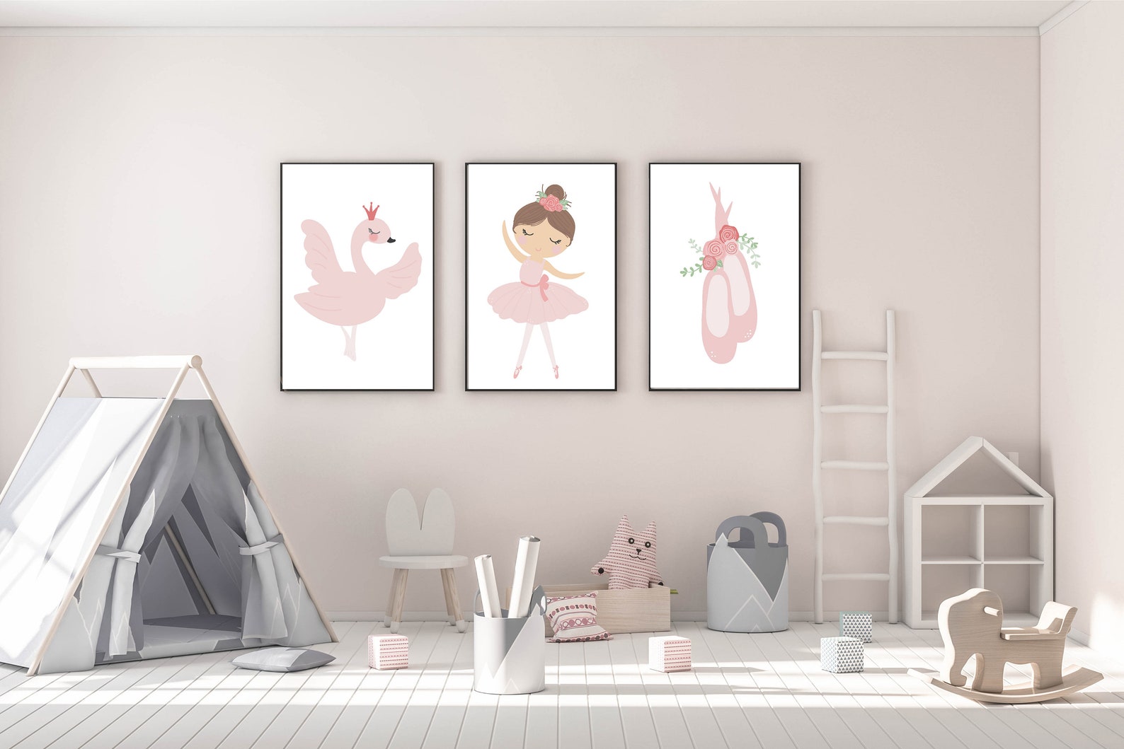 ballerina, swan and ballet shoes x 3 print set, instant digital download, children wall art