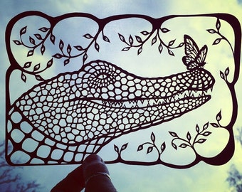 Papercut Crocodile and butterfly - Beautifully handmade from black paper.