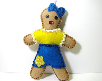 Gingerbread felt ornament -  BLUE & YELLOW Girl Gingerbread People - Felt holiday ornaments - Christmas Ornament - Holiday decor ornament