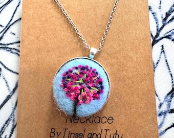 Handmade Needle Felted Agapanthus Pendant Necklace, Silver Chain, Wool jewelry  (4cm)