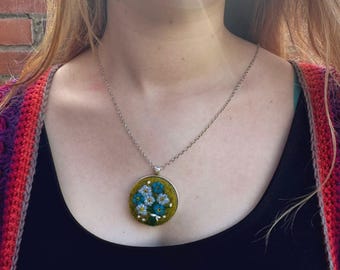 Needle felted pendant forget me not necklace in silver metal cabachon with chain