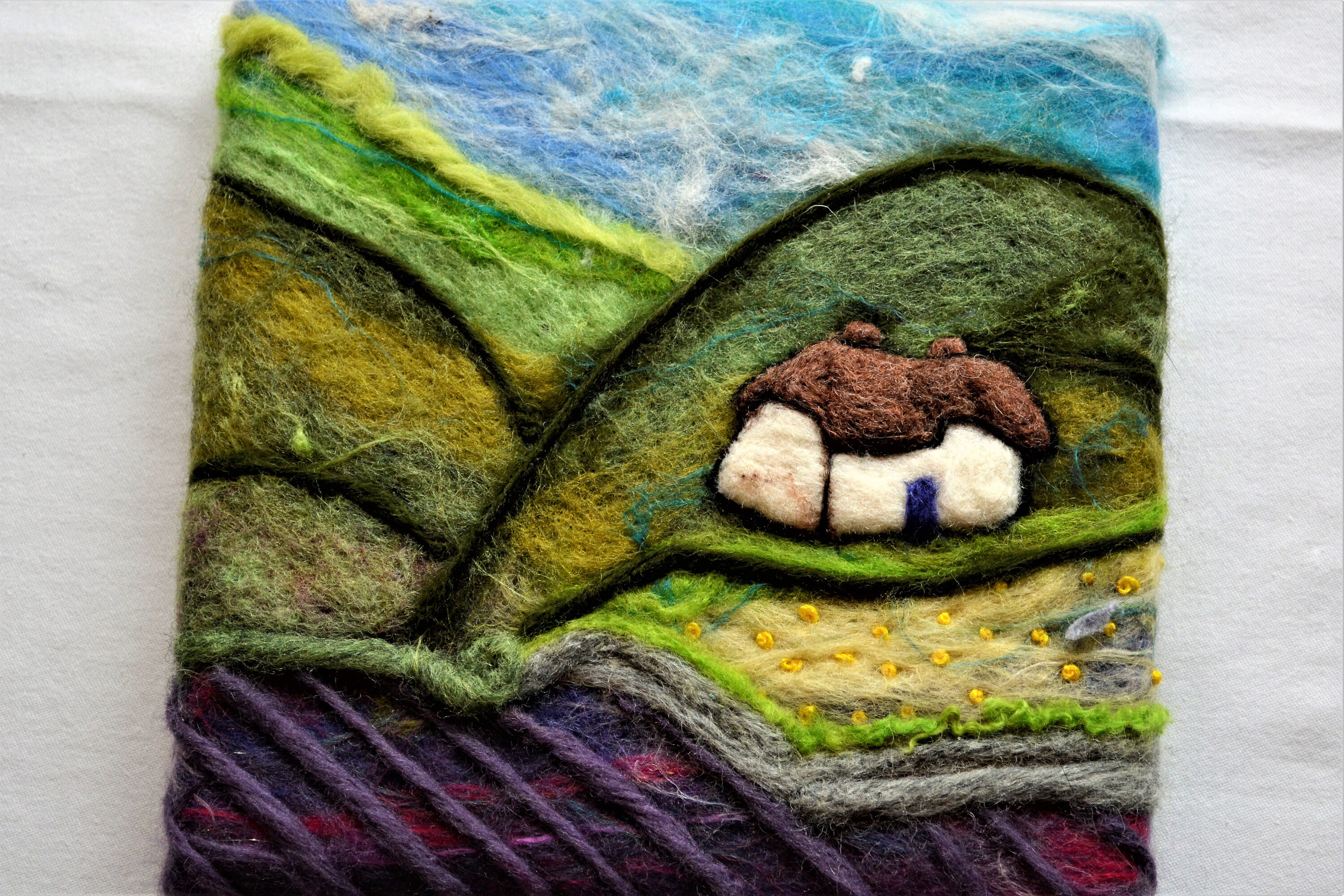 Needle Felted Landscape Set of 2 on Stretched Canvas. Country Cottage