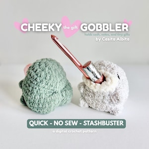Puede incluir: Dos portaregalos de ganchillo, uno verde y otro gris, con un ganchillo rosa insertado en el gris. El texto dice "CHEEKY the gift GOBBLER" y "QUICK - NO SEW - STASHBUSTER". Los portaregalos están diseñados para guardar dinero en efectivo, notas y pequeños regalos.