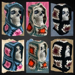 May include: Six crocheted skull caps in different color combinations. The caps are made with a granny square pattern and feature a variety of colors, including blue, pink, green, brown, black, and white.