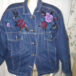 Vintage Carol Little Jean Jacket Floral Embellished Beaded & Lined 1980&#39;s - 1990&#39;s