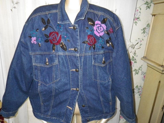 Vintage Carol Little Jean Jacket Floral Embellish… - image 1