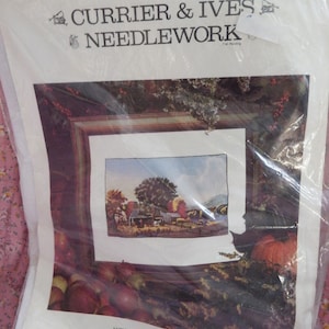 Vintage Currier & Ives Autumn in New England Cider Making Crewel Kit 1975 14&quot; x 18&quot; Harvey T Peters Collection