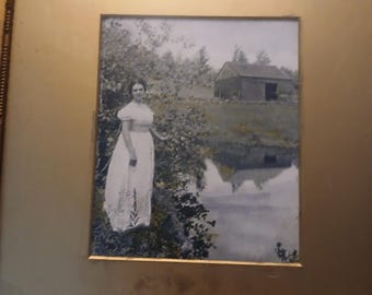 Vintage Framed & Matted Photograph  Lady on Farm Near Lake Black and White