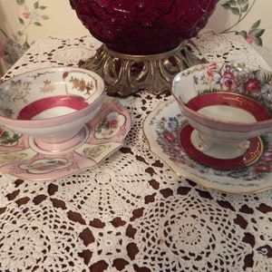 U Gagco China Hand Painted Japan Cup and Saucer Sets Included are Two Sets One Cup is Footed
