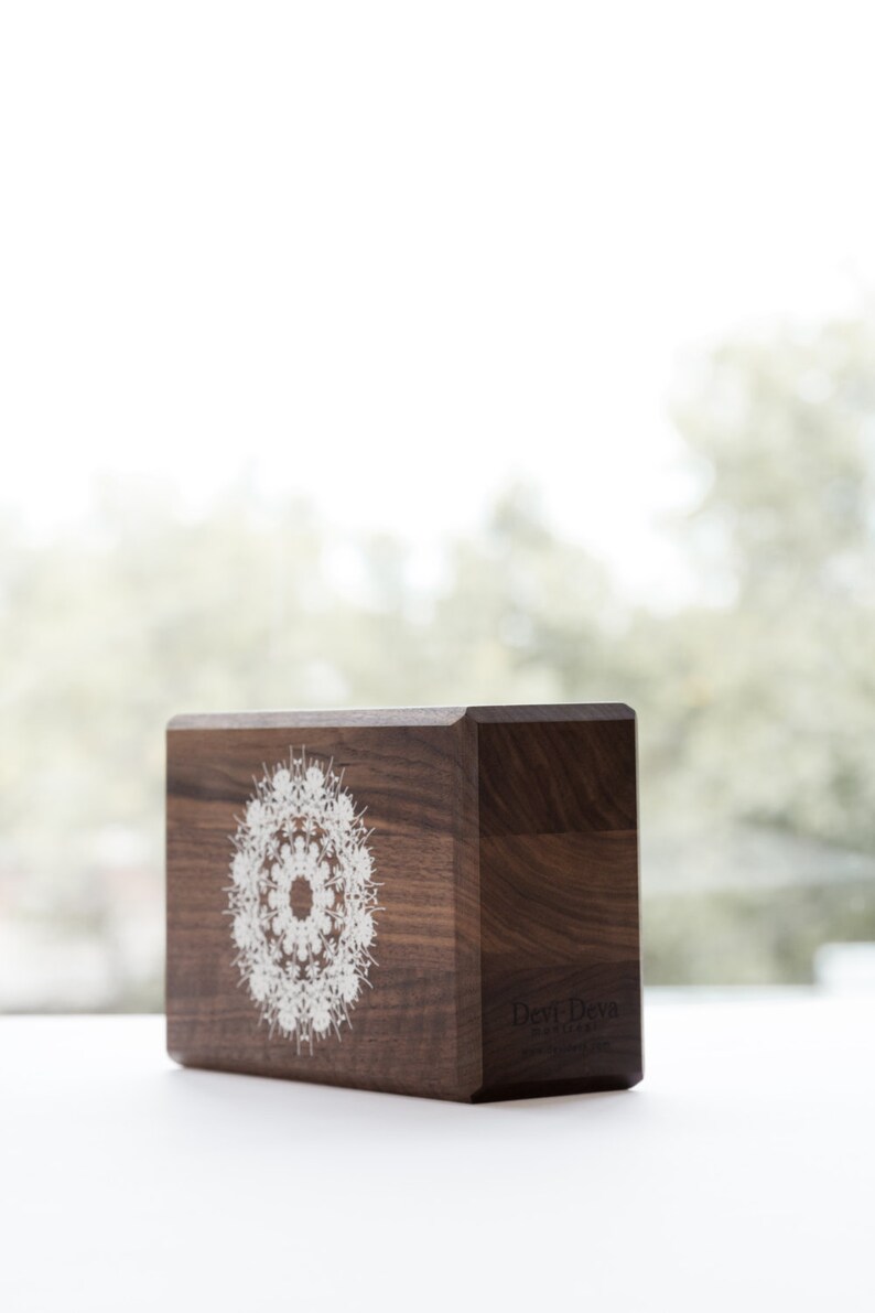 Yoga block hand made from walnut. The print is white Etsy