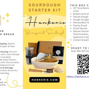 May include: A sourdough starter kit by Hankerie featuring a 10-inch oval banneton basket, bread lame with 5 blades, Danish dough whisk, dough scraper, flour sifter, pastry brush, dried starter, deluxe jar set with thermometer, and cotton bread bag.