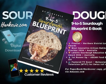 May include: The 9-to-5 Sourdough Blueprint e-book cover features a sliced loaf of sourdough bread. Text includes 'By Hankerie', 'The 9-to-5 Sourdough Blueprint', and 'Sourdough that fits your life'. Includes award lists, customer reviews, and icons.