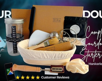 May include: A sourdough starter kit featuring a proofing basket with a cloth liner, a glass jar with a temperature strip, a wooden-handled lame with a razor blade, a pastry brush, a dough scraper, a whisk, and a black pouch labeled Hankerie.