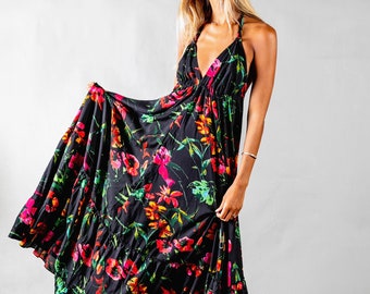 Long floral boho dress for woman with deep open back / Black maxi dress / Bohemian dresses / prom dress / summer dress /Hippie festival rave