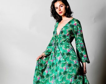 Boho maxi dress for woman in tropical print | Dress with sleeves | Open back dress | Deep v neck dress | Long kimono, Kaftan | Green floral