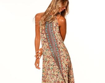 Long high neck dress in beautiful colorful print | Open back boho summer dress | Sexy maxi hippie style dress for woman | Vacation, Festival