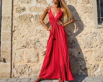 Red dress/boho open back maxi dress/backless dress/low back sexy dress/prom dress/braidsmaid dress/deep cleevage dress