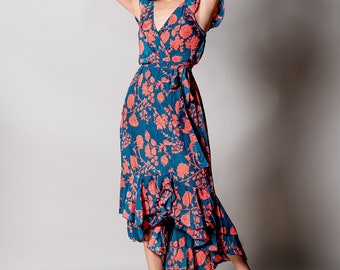 Robe fleurie bohème asymétrique pour femme/robe de soirée/robe midi/robe courte/robe romantique/demoiselle d'honneur/collection resort/Bleu/rose/vacances