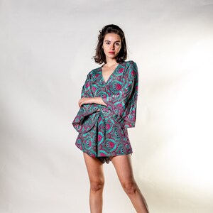 Short boho overall for woman with long bell sleeves | Blue and ping floral print | Summer short jumpsuit | Hippie shorts | Vacation | Rave