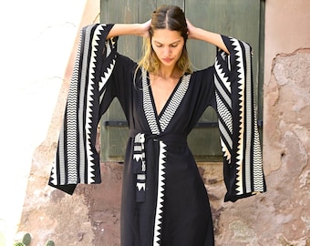 Long wrap around kimono dress | Open kimono rob with belt | Hippie clothing | Black tribal pool over | Resort | Vacation | Festival | Beach