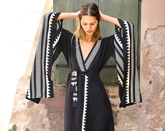 Long wrap around kimono dress | Open kimono rob with belt | Hippie clothing | Black tribal pool over | Resort | Vacation | Festival | Beach