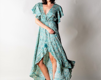 Asymmetrical boho summer dress for woman | Green / Blue floral dress | Hippie fesrtival dress for vacation. Long boho dress with sleeves