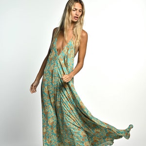 Groene en gele lange halterjurk voor dames | Jurk met diepe v-hals en open rug | Onderjurk boho-jurk | Hippiestijl | Schoolbal | Vakantie | Festival