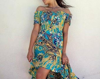 Off the shoulder summer dress | Yellow and blue print | Asymmetric dress | Strapless | Bohemian short - Maxi dress | Peacok dress | Fest6