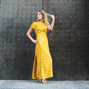 long yellow dress for woman with floral print/summer dress/dress with sleeves/slits dress/casual dress/bohemian dresses image 1