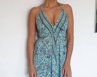 Vestido largo maxi azul claro de verano / Vestido boho con espalda descubierta / Vestido halter sin espalda / Vestidos de playa, festivales rave, estilo hippie / Embarazo, graduación