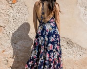 boho floral maxi dress open back dress pom pom floral print summer bohemian dress
