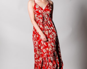 Red dress | Boho maxi red floral dress for woman | Evening dress | Dress for vacation | Bridesmaid dress | Hippie festival rave sexy dress