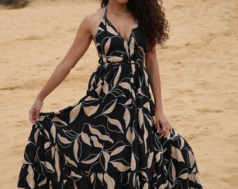 chinese dress ladies Black And Beige Side Tie Maxi Dress  BLANK
