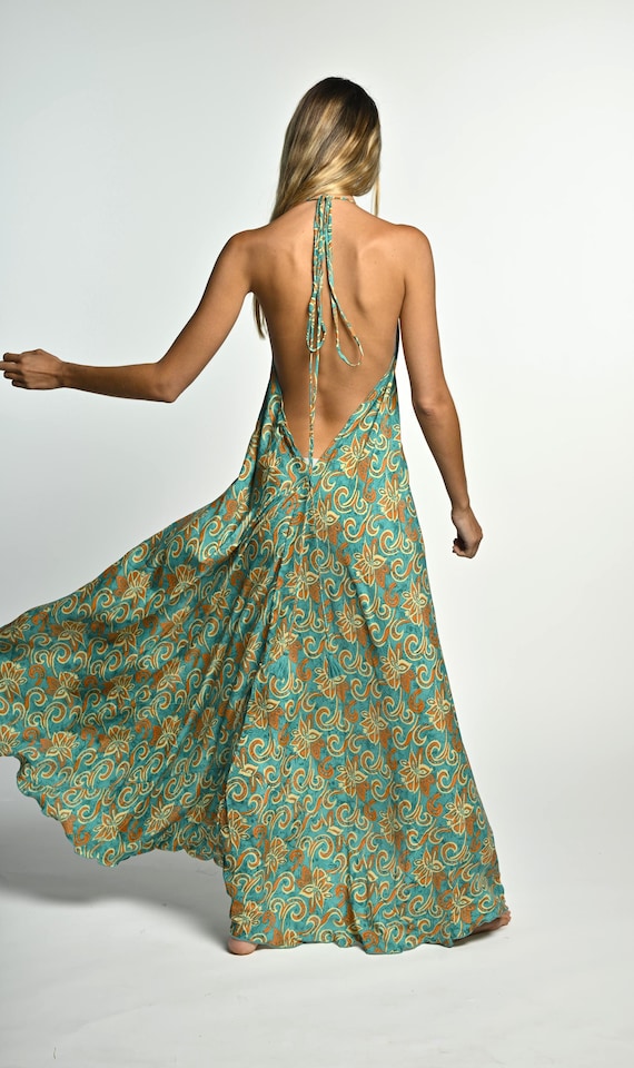 Green and Yellow Long halter dress for woman | Deep v neck open back dress | Slip boho dress | Hippie style | Prom | Vacation | Festival