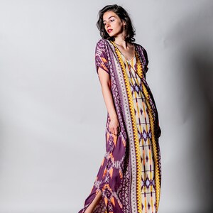 boho maxi dress, royal printed kaftan/ galabia/ sleeve long dress/ ethnic dress/ long summer dress for woman Yellow