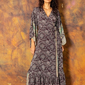 Wrap around maxi dress in floral print Green maxi dress Gray-purple bohemian long kaftan with bell sleeves Deep v neck Maternity rave image 10