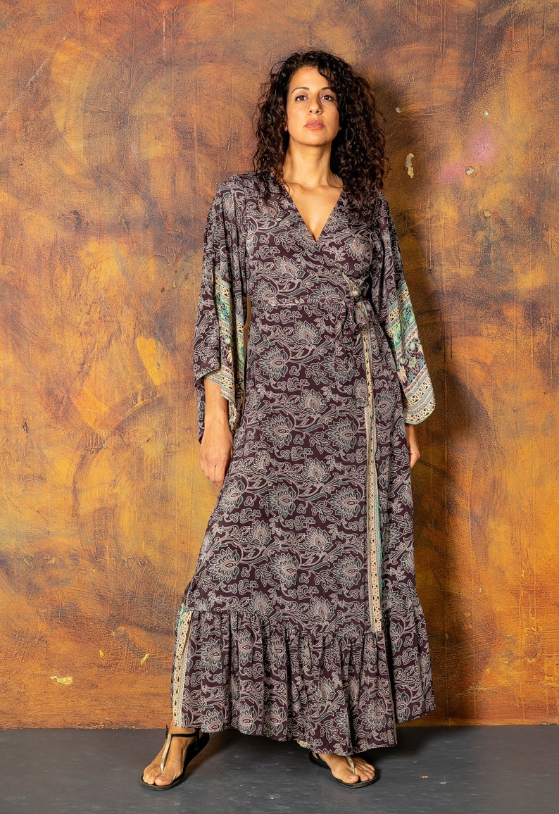 Wrap around maxi dress in floral print Green maxi dress Gray-purple bohemian long kaftan with bell sleeves Deep v neck Maternity rave image 10