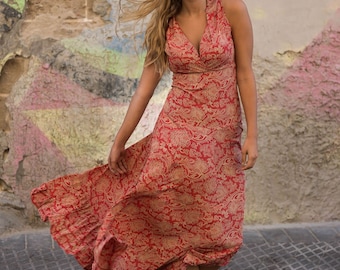 Coral maxi dress for woman in floral print, deep v  neck dress, long boho dress, frill dress, dress for vacation, resort, bridesmaid, prom.